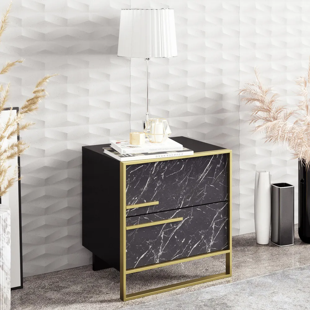 Polka 2 Drawer Bedside Table - Black, Marble Effect