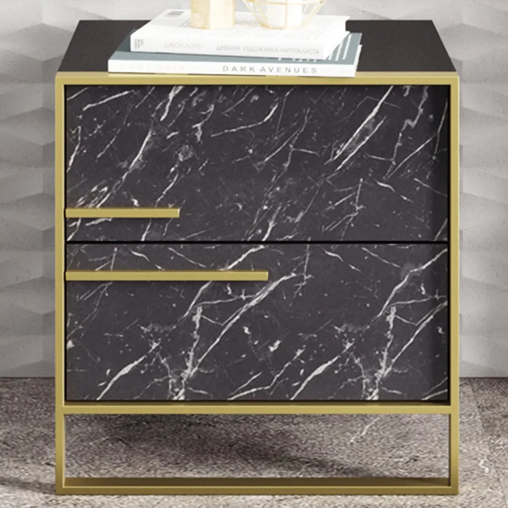 Polka 2 Drawer Bedside Table - Black, Marble Effect image