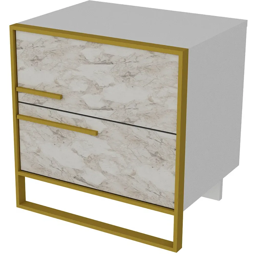 Polka 2 Drawer Bedside Table - White Marble Effect, Gold