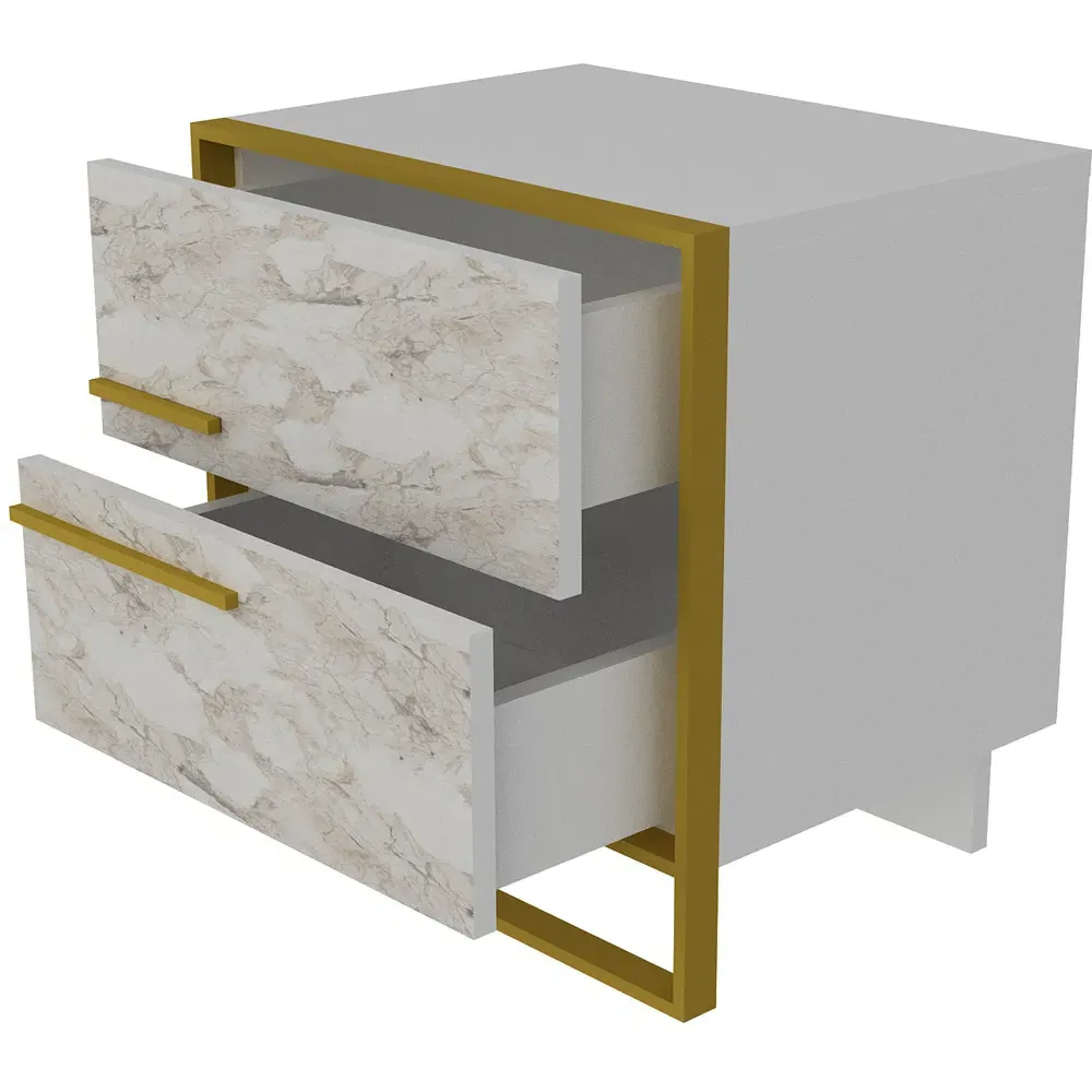 Polka 2 Drawer Bedside Table - White Marble Effect, Gold