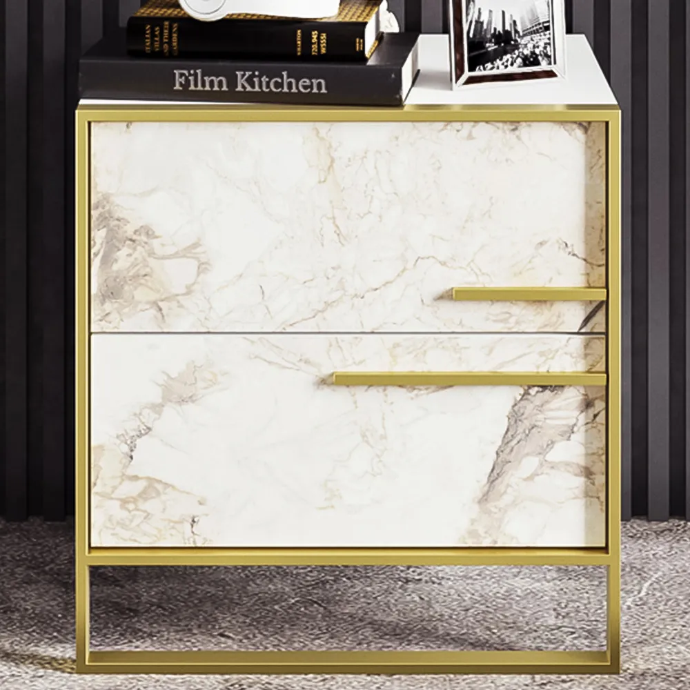 Polka 2 Drawer Bedside Table - White Marble Effect, Gold image