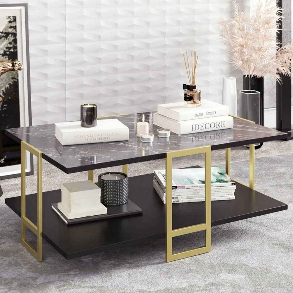 Polka 2 Tier Coffee Table - Black Marble, Gold Metal image