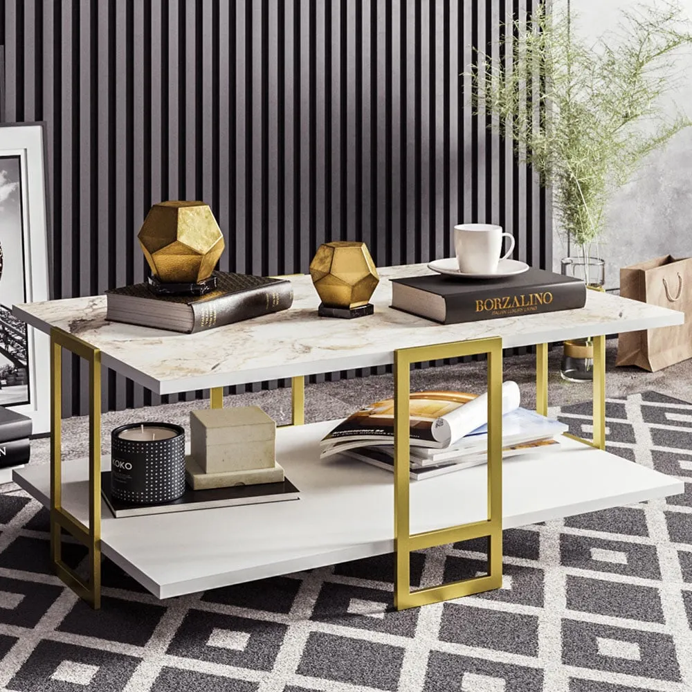 Polka 2 Tier Coffee Table - White Marble, Gold Metal