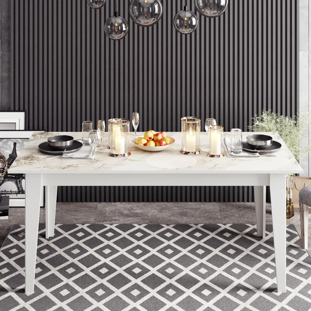 Polka 4 Seater Dining Table with Marble Effect - White