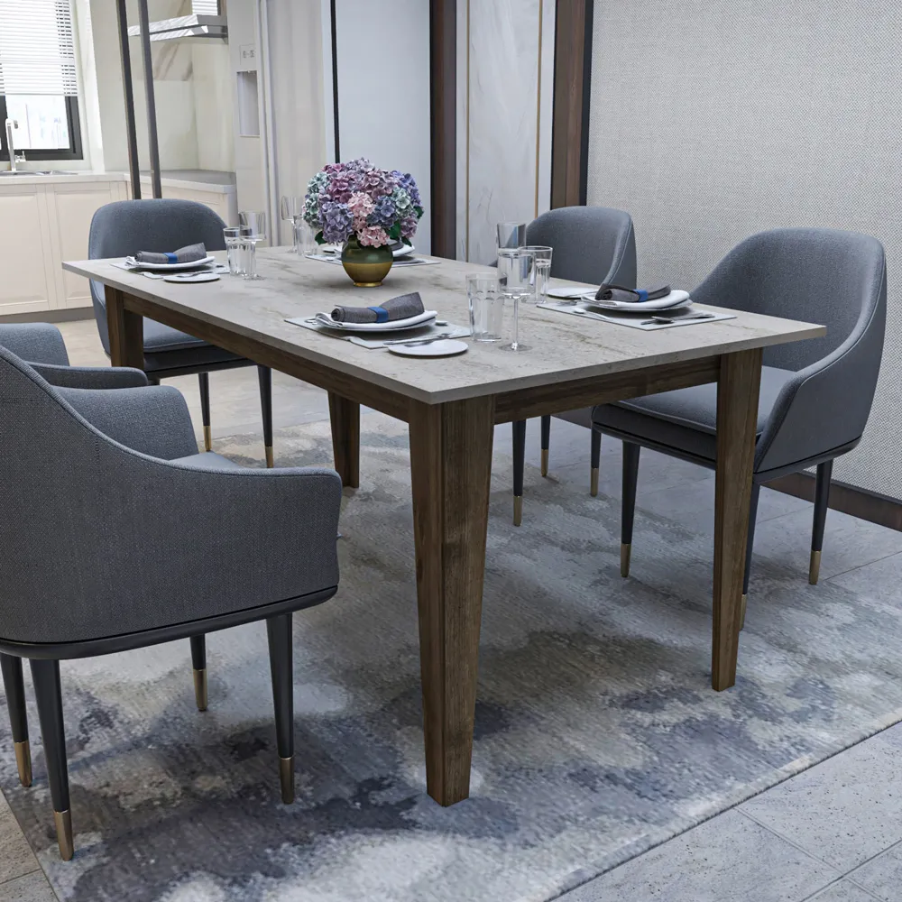 Polka 6 Seater Dining Table with Marble Effect - Black, Walnut
