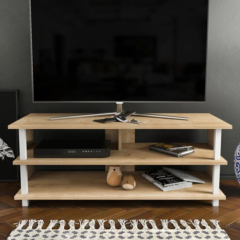 Pueblo 4 Open Shelf Wide TV Unit - White and Oak