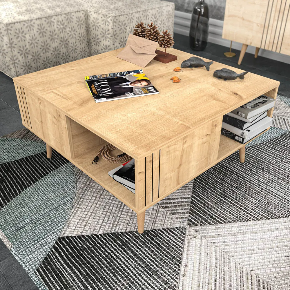 Ronas Square Coffee Table with Shelf - Sapphire Oak