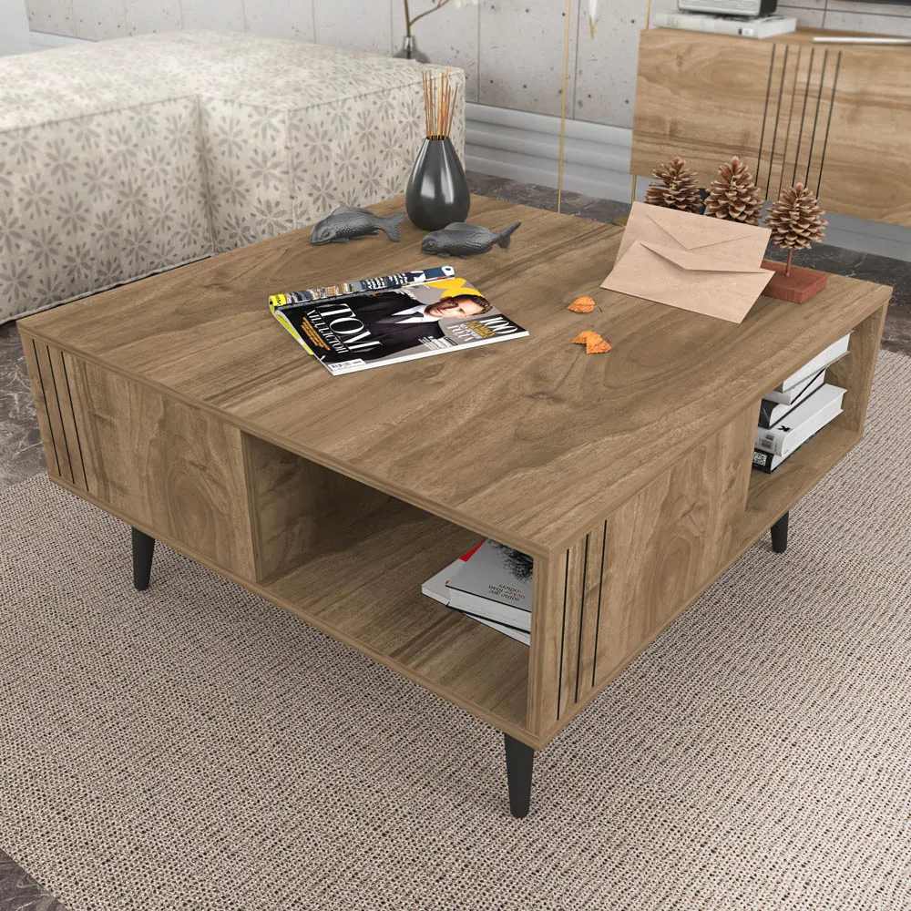 Ronas Square Coffee Table with Shelf - Walnut
