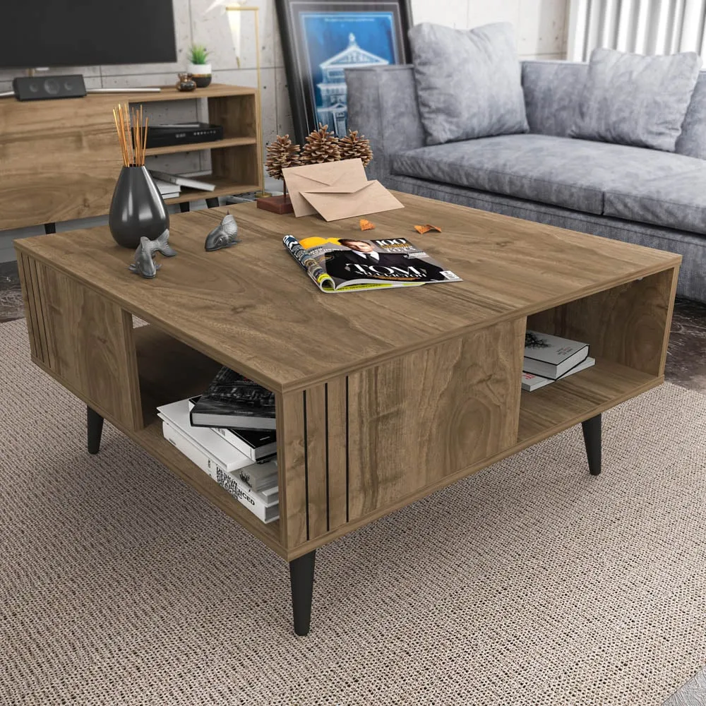 Ronas Square Coffee Table with Shelf - Walnut