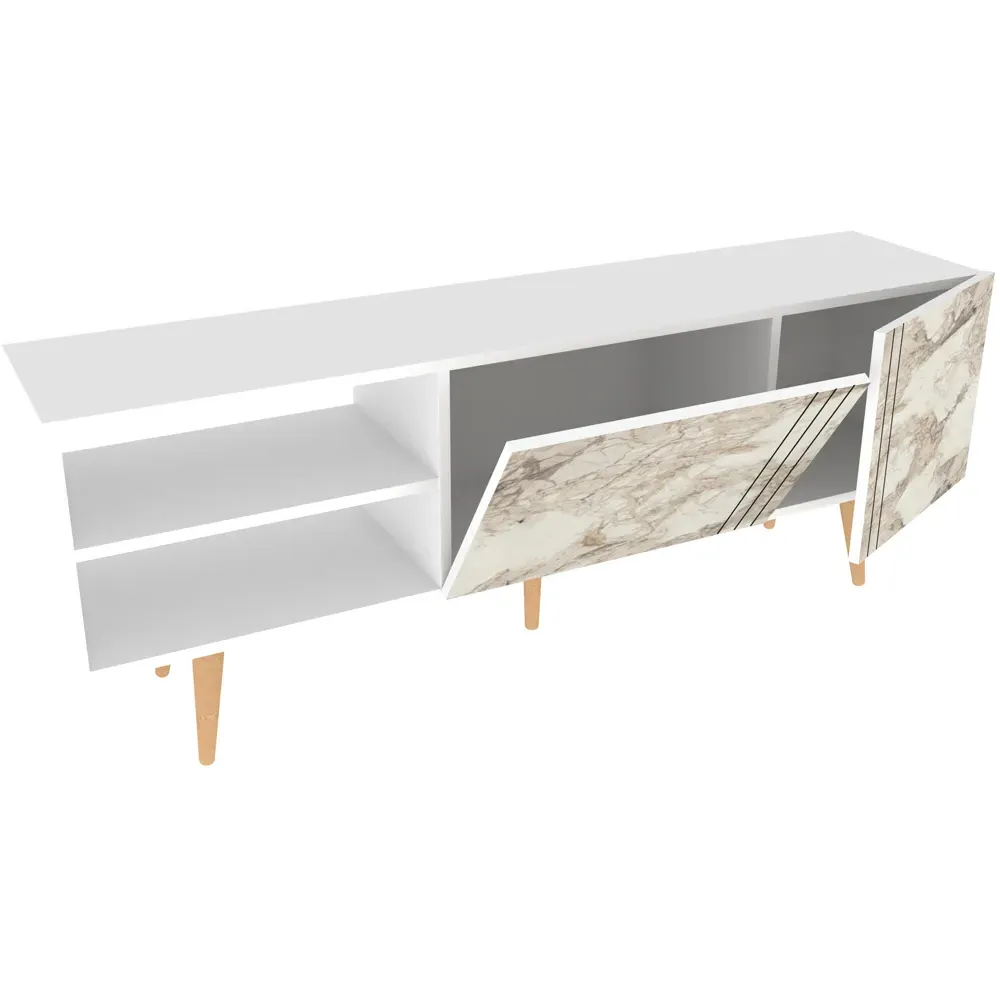 Ronas Wide TV Unit with Storage - White Marble Effect