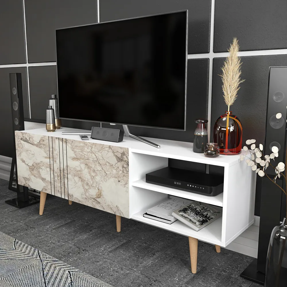 Ronas Wide TV Unit with Storage - White Marble Effect