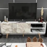 Ronas Wide TV Unit with Storage - White Marble Effect