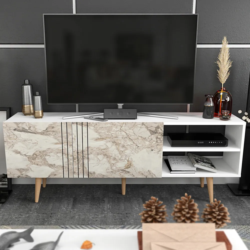 Ronas Wide TV Unit with Storage - White Marble Effect