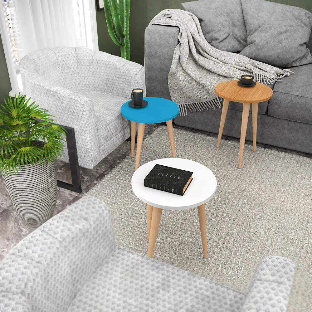 Round Nest of Coffee Tables Set of 3 - Blue, Teak