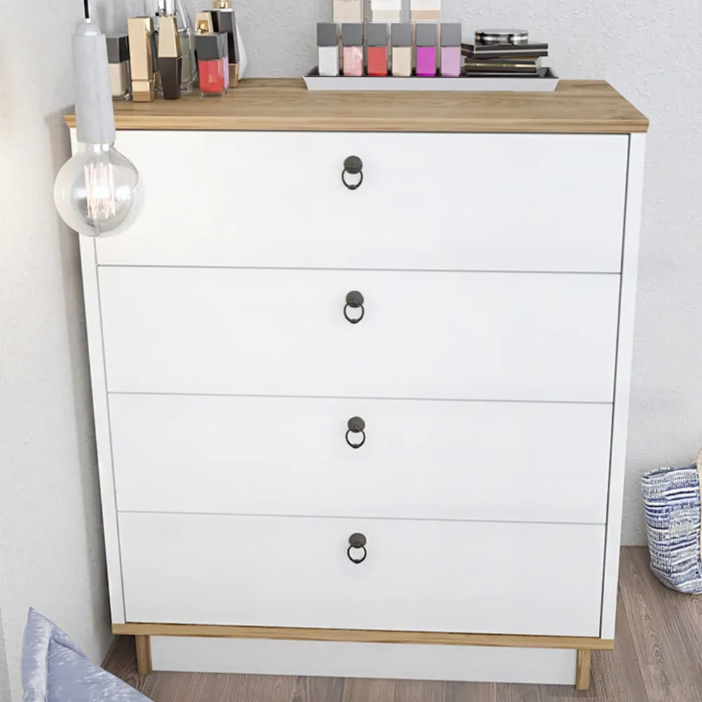 Sahra 4 Drawer Chest of Drawers - White, Oud Oak