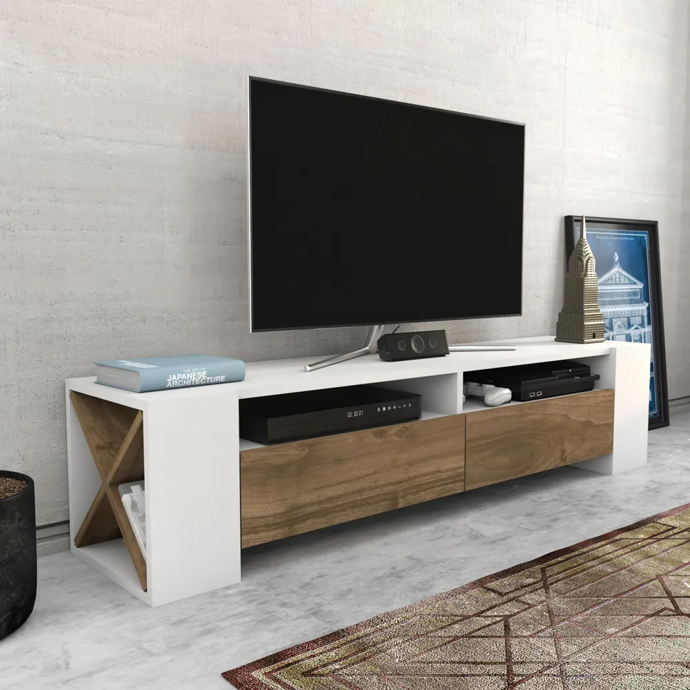 Sosruko 2 Door TV Unit with Shelves - White, Walnut