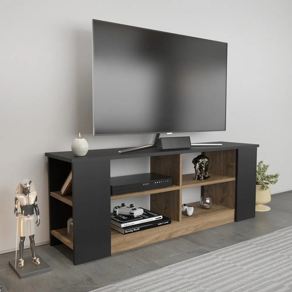 Space 8 Shelf TV Unit - Black and Walnut