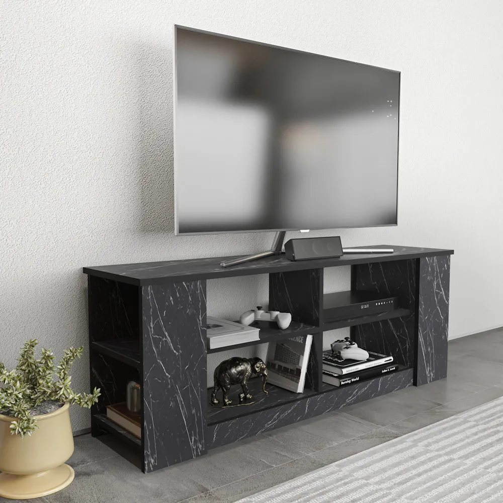 Space 8 Shelf TV Unit - Black Marble Effect
