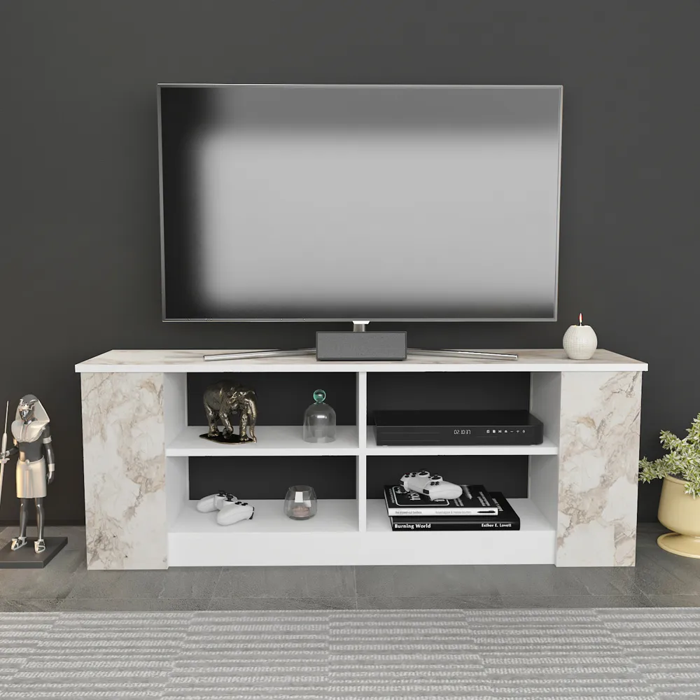 Space 8 Shelf TV Unit - White Marble Effect