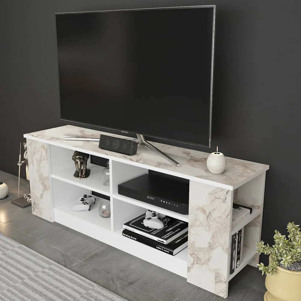Space 8 Shelf TV Unit - White Marble Effect