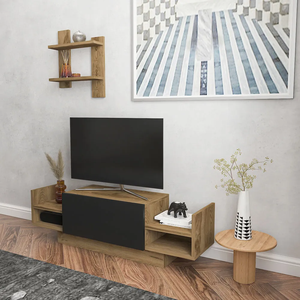 Spring TV Unit with Wall Shelf - Oud, Black