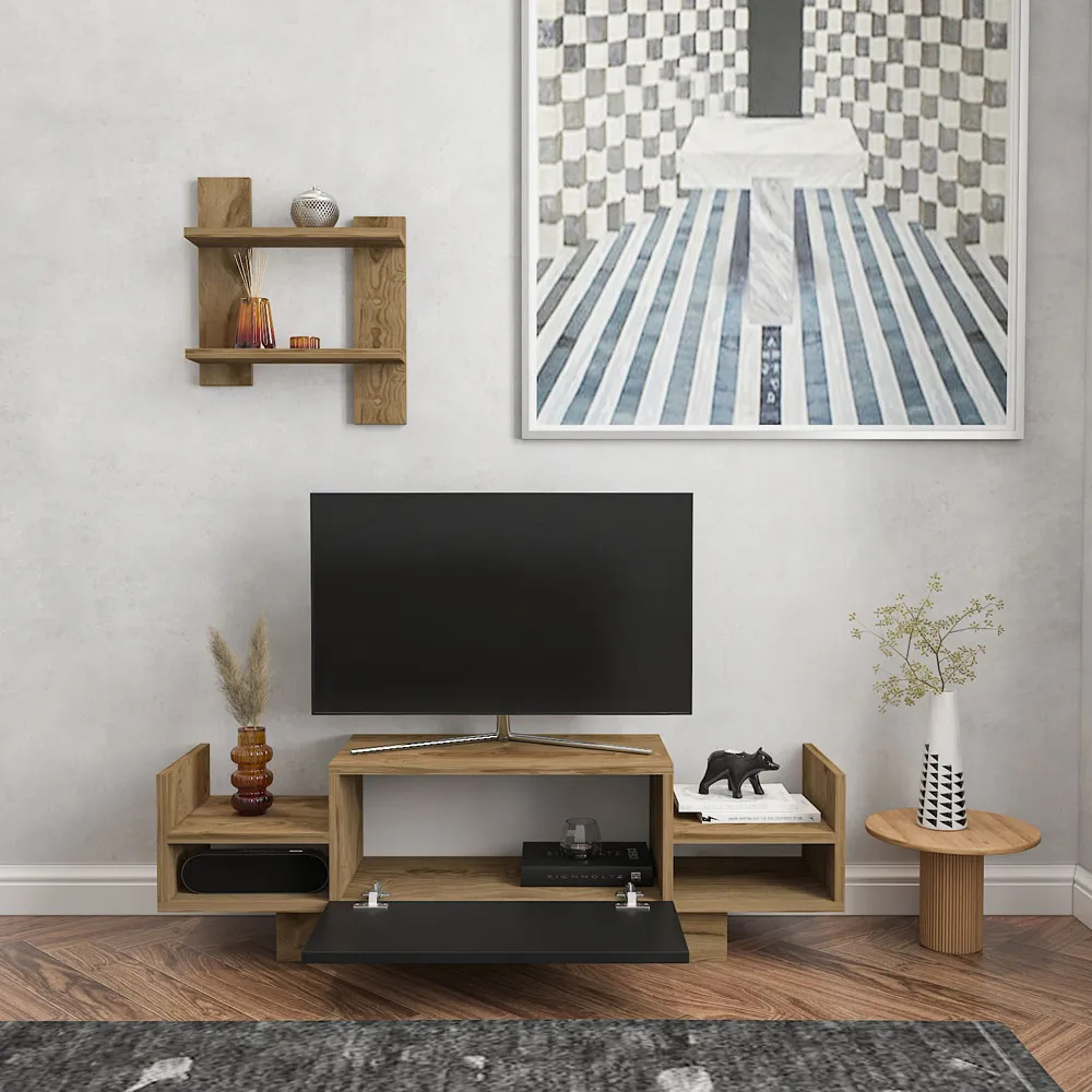 Spring TV Unit with Wall Shelf - Oud, Black