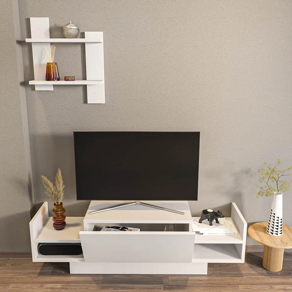 Spring TV Unit with Wall Shelf - White