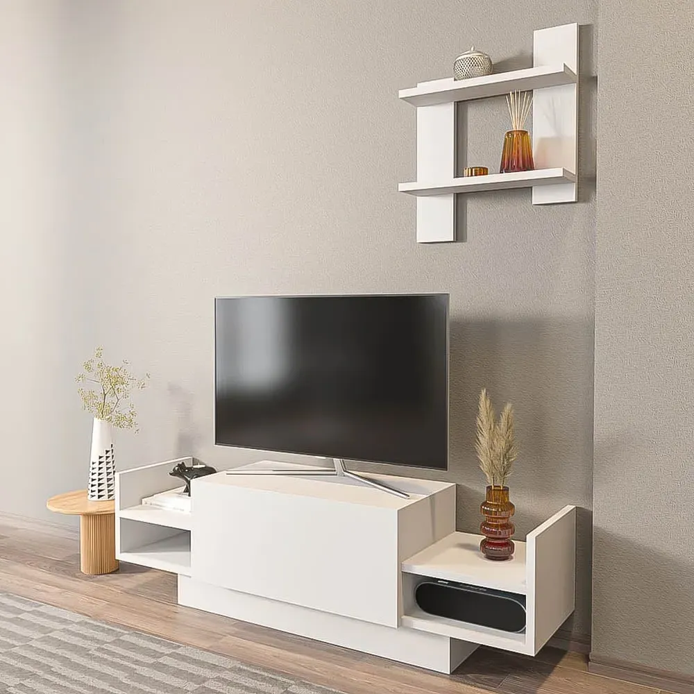 Spring TV Unit with Wall Shelf - White