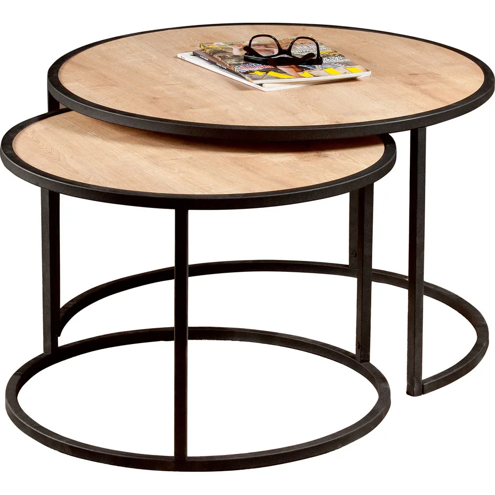 Tambur Round Nest Coffee Tables Set of 2 - Oak, Metal