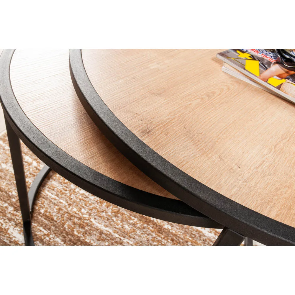 Tambur Round Nest Coffee Tables Set of 2 - Oak, Metal