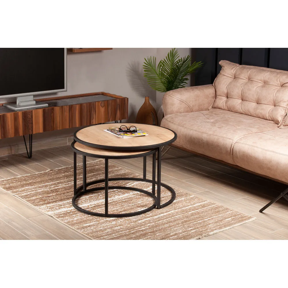 Tambur Round Nest Coffee Tables Set of 2 - Oak, Metal