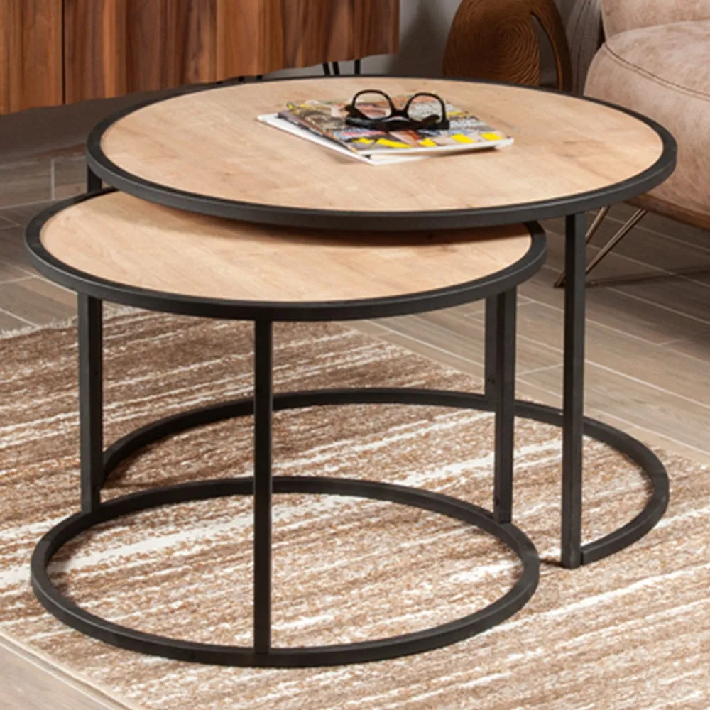Tambur Round Nest Coffee Tables Set of 2 - Oak, Metal image