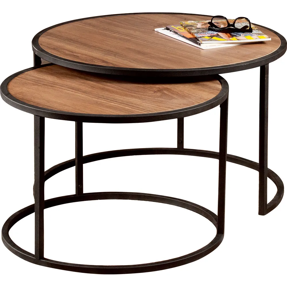 Tambur Round Nest Coffee Tables Set of 2 - Walnut, Metal