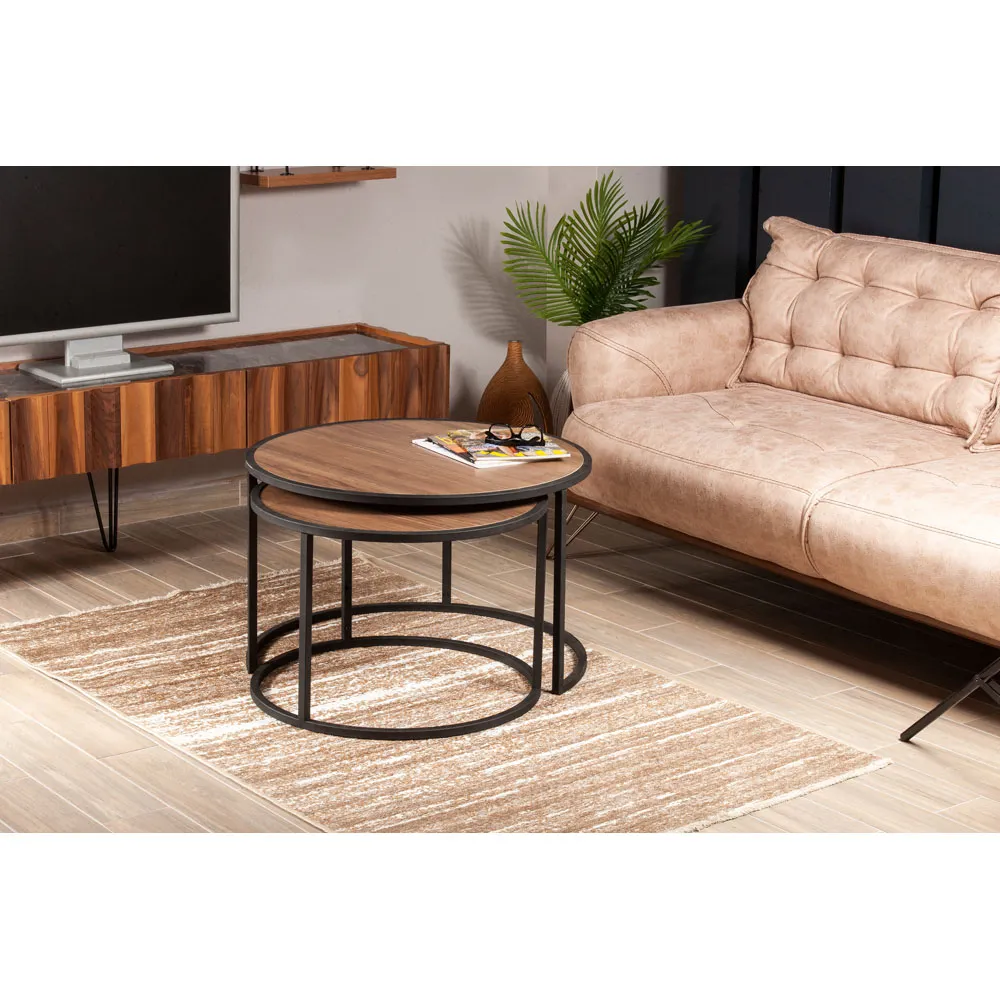 Tambur Round Nest Coffee Tables Set of 2 - Walnut, Metal