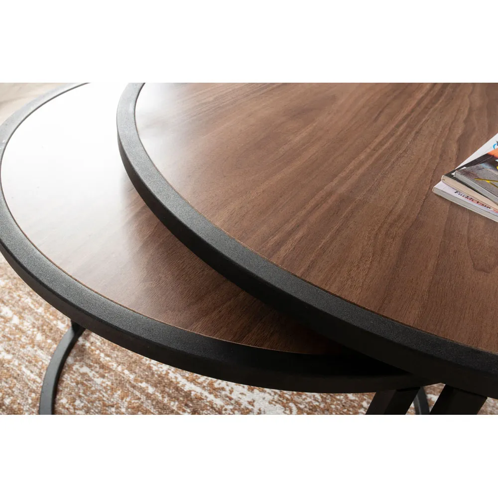 Tambur Round Nest Coffee Tables Set of 2 - Walnut, Metal