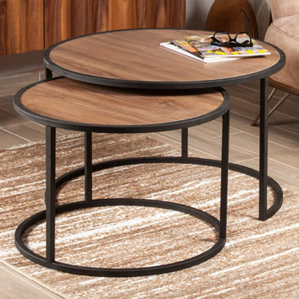 Tambur Round Nest Coffee Tables Set of 2 - Walnut, Metal