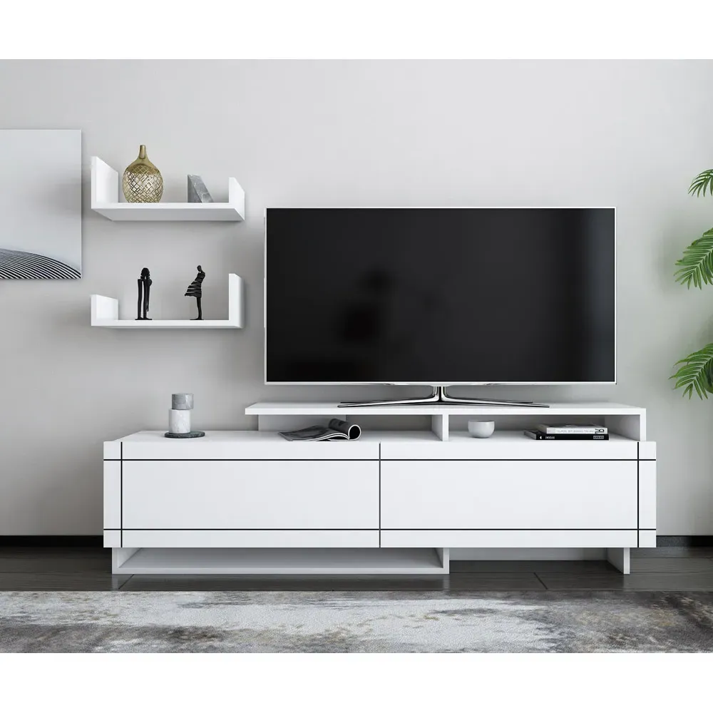 Tamy 2 Door TV Unit with Wall Shelves - White