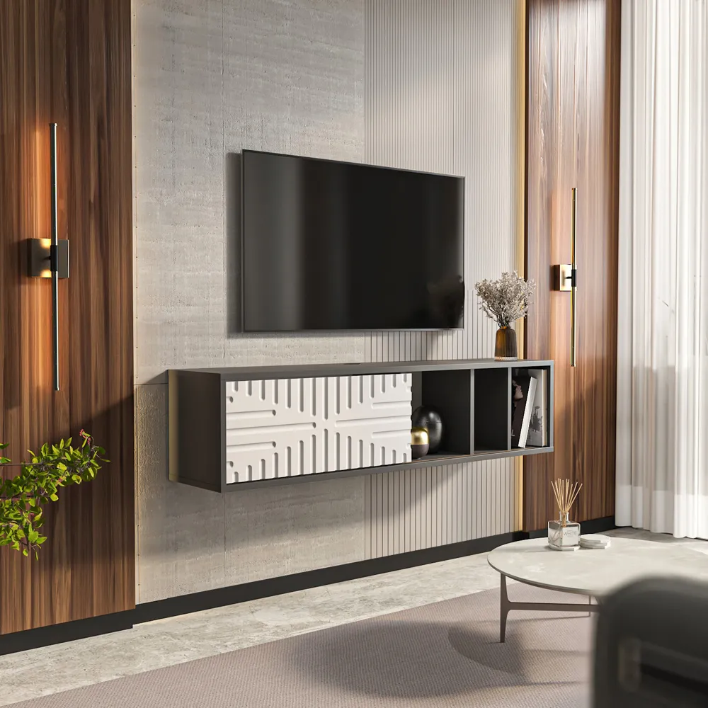 Teo 2 Door Floating TV Unit with Storage - Travertine, Walnut