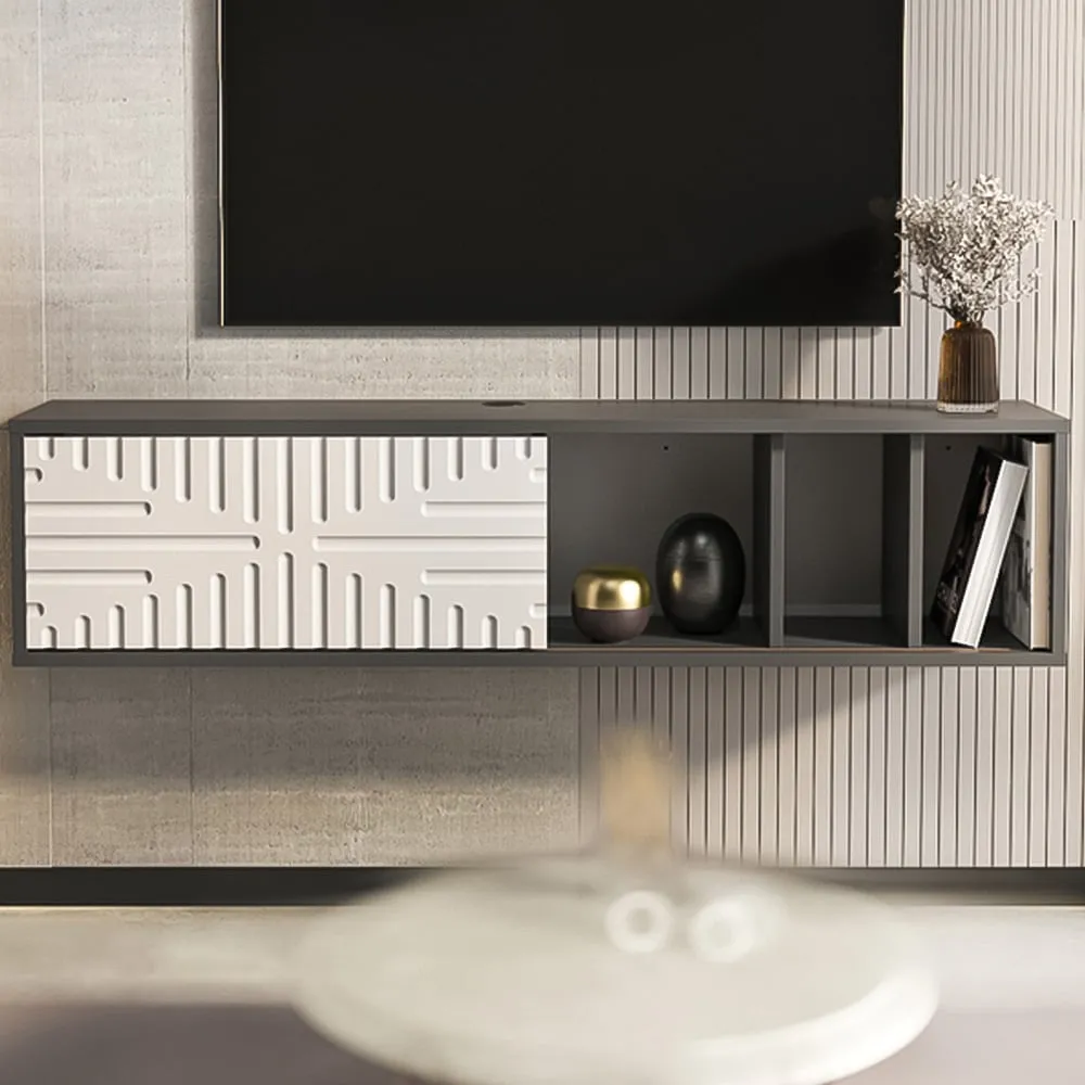 Teo 2 Door Floating TV Unit with Storage - Travertine, Walnut image