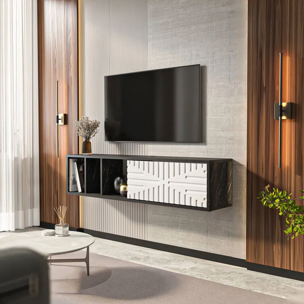 Teo Single Door 3 Shelf Floating TV Unit - Black Marble, White