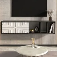 Teo Single Door 3 Shelf Floating TV Unit - Black Marble, White