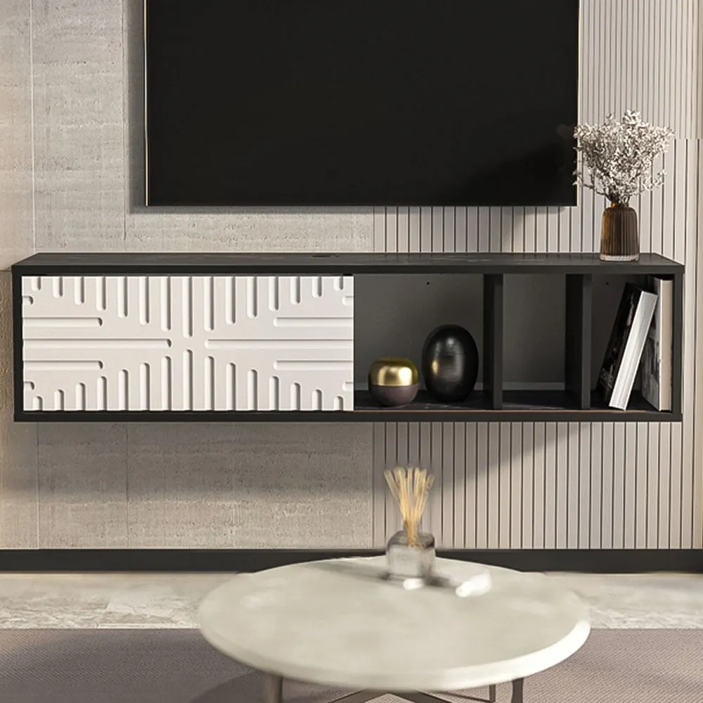 Teo Single Door 3 Shelf Floating TV Unit - Black Marble, White image