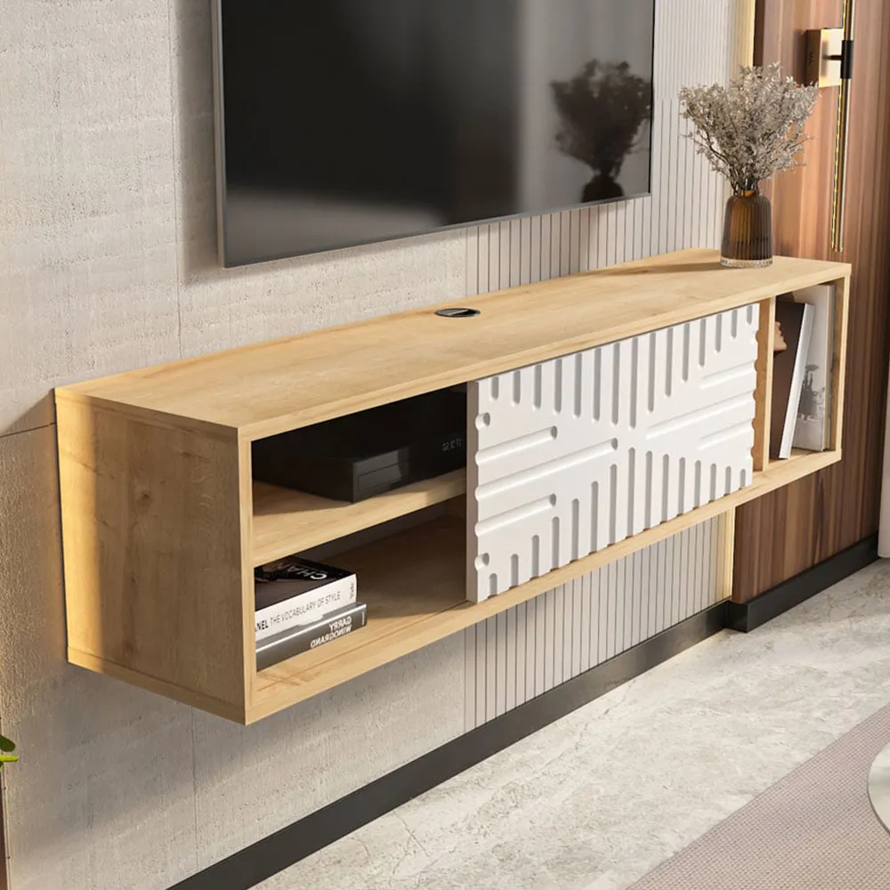 Teo Single Door 3 Shelf Floating TV Unit - Sapphire Oak, White