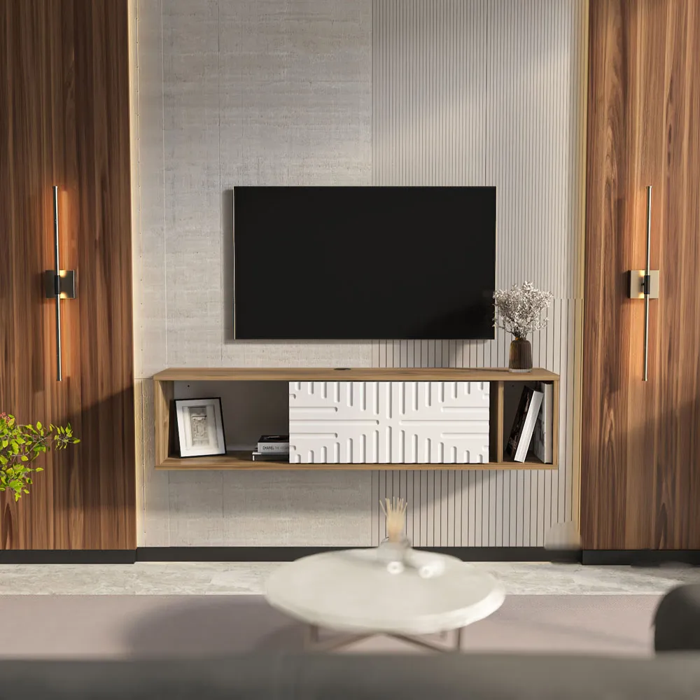 Teo Single Door 3 Shelf Floating TV Unit - Walnut, White