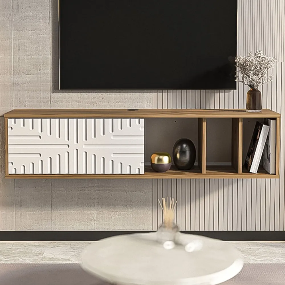 Teo Single Door 3 Shelf Floating TV Unit - Walnut, White