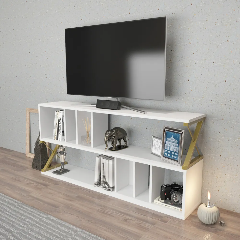 Termas 8 Shelf TV Unit - White, Gold