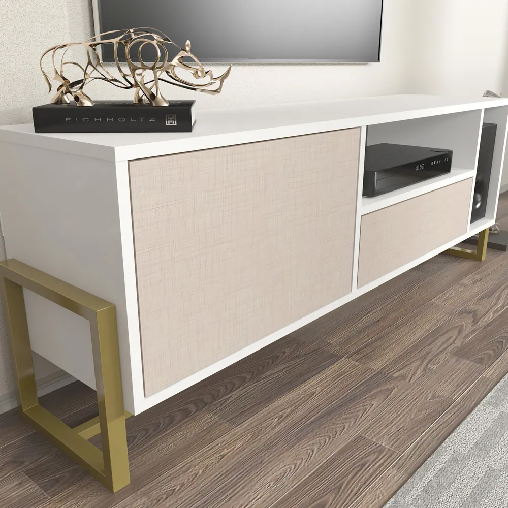 Utopie TV Unit with Drawer and Door - White, Beige
