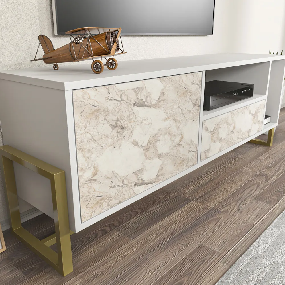 Utopie TV Unit with Drawer and Door - White, Marble Effect