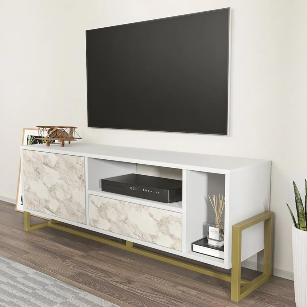 Utopie TV Unit with Drawer and Door - White, Marble Effect