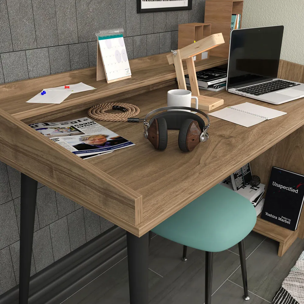 Vanessa 2 Shelf Computer Desk with Solid Legs - Walnut, Black